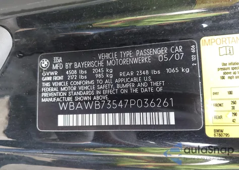 2007 BMW 335I z USA, uszkodzony, nr VIN WBAWB73547P036261